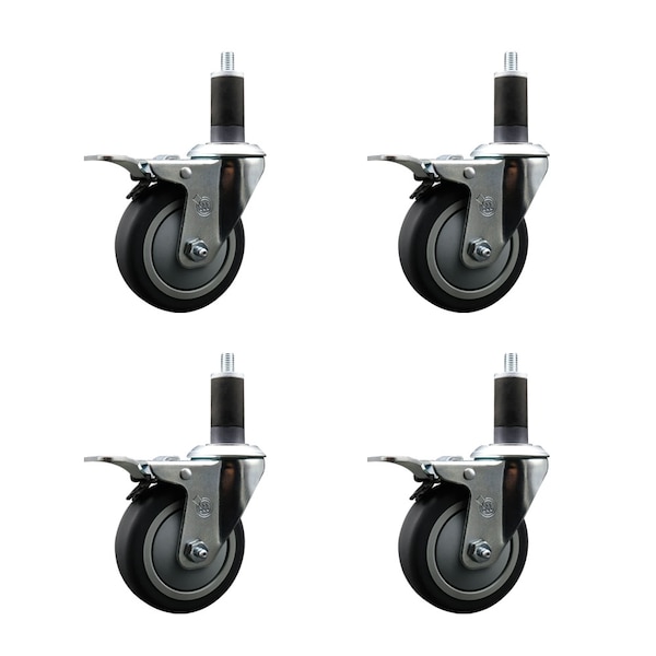 4'' Thermoplastic Rubber Swivel 1-1/4'' Expanding Stem Caster Set Total Lock Brake, 4PK